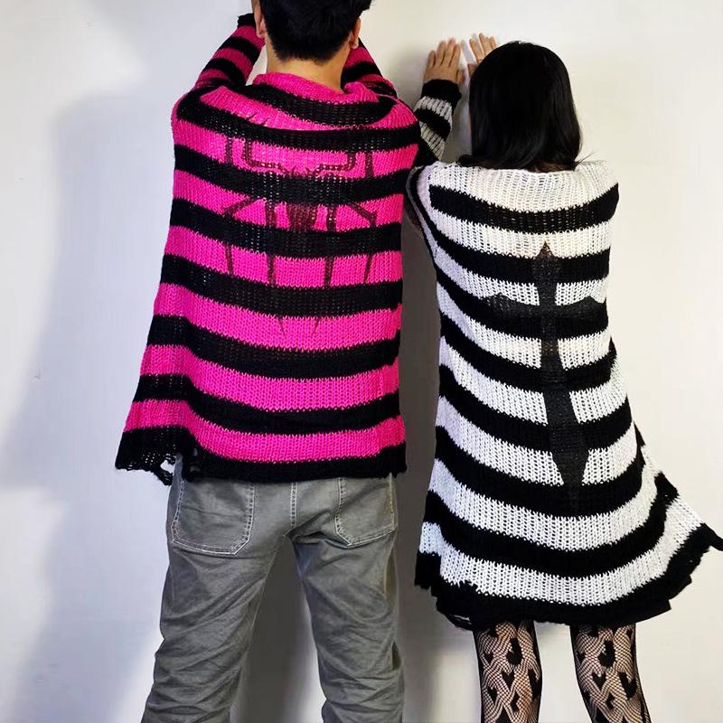 Punk Gothic Long Sweater Dress Plus Size Hollow Out Hole Destroy Pullover Jumper New Oversized Hip Hop Harajuku Striped Sweaters Hip Hop Streetwear