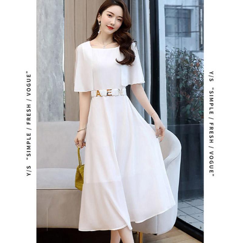 Spring Summer Chiffon Dress Female Short-sleeved Round Neck Mid-length Solid Color Over-the-knee Long Skirt Waist Is Thin