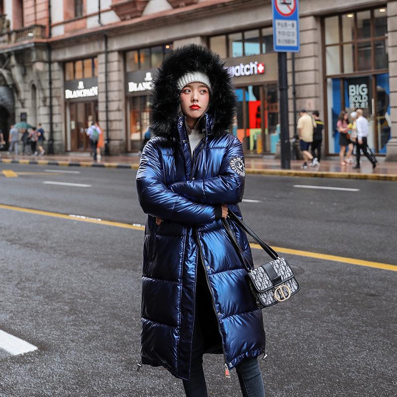 Women Long Oversize Blue Down Jackets Warm Thick Casual Loose Winter Jacket Fur Collar Hooded Coats Female Down Coats Solid Glossy Outwear