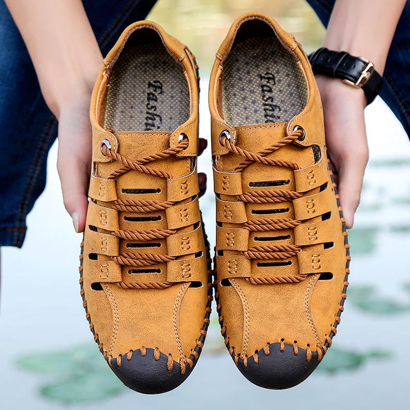 Summer Men's Leather Sandals Business Casual Outdoor Beach Roman Shoes Solid Color Design