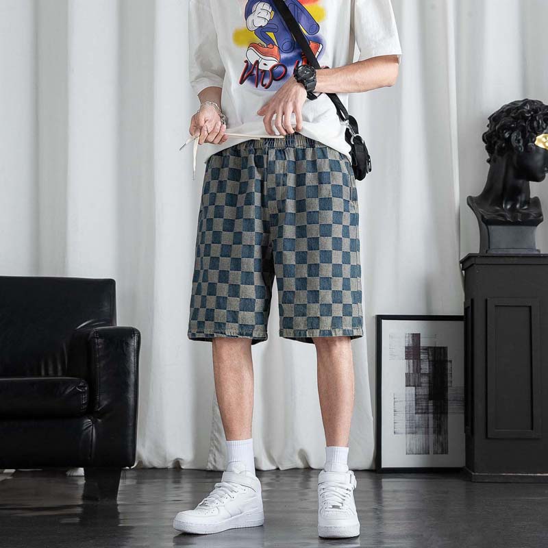Summer New Men's Denim Five-point Pants Youth Loose Beach Plaid Shorts