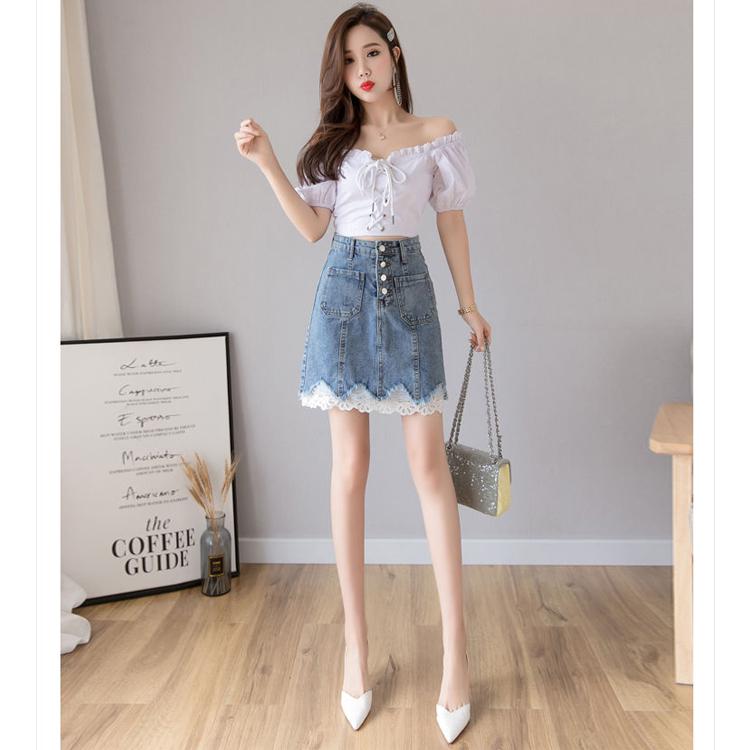 Women's Denim Skirt Lace Edge Tight Solid Color High Waist Sexy Show Leg Length
