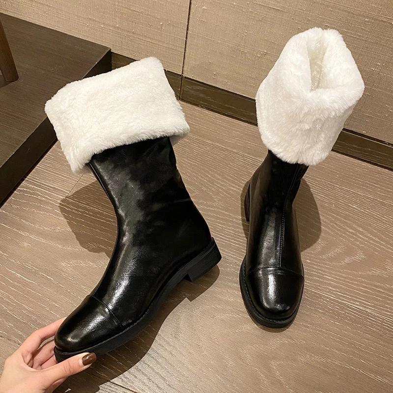 Thigh High Boots Women Winter Shoes Plush Warm Fur Boots Black Leather Snow Boots Fashion Goth Punk Flat Platform Shoes