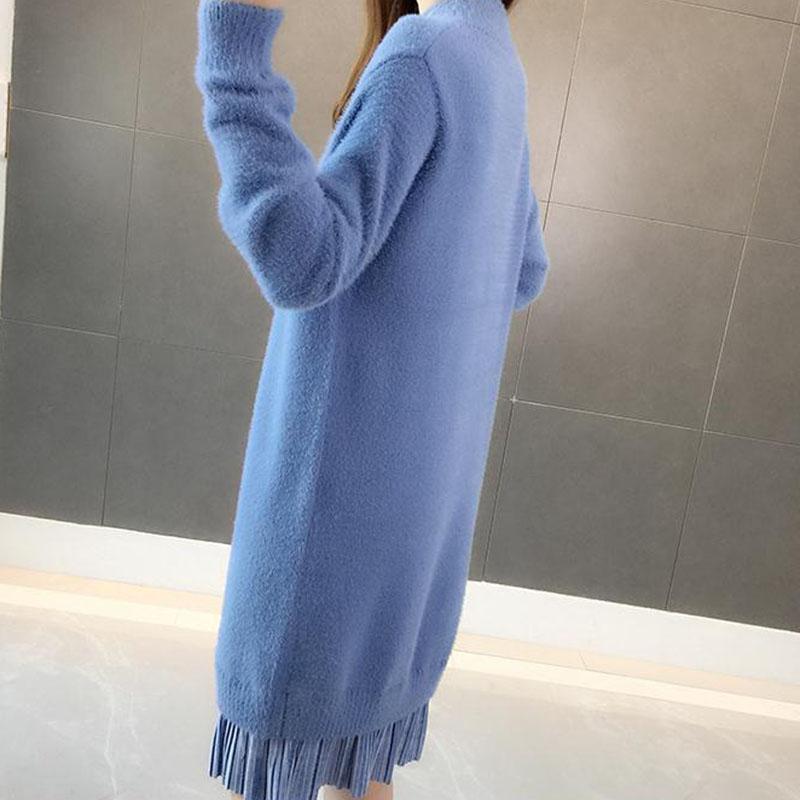 Long Faux Mink Fleece Sweater Winter Bottoming Sweater Thick Warm Knitted Lace Stitching Mohair Sweater Dress