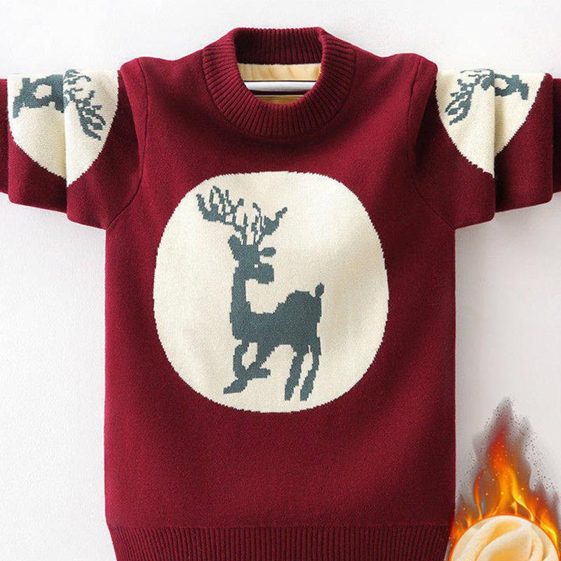 Boys Sweater Pullover Fall Winter Round Neck Sweater Middle and Large Children's Cotton Base Warm Sweater