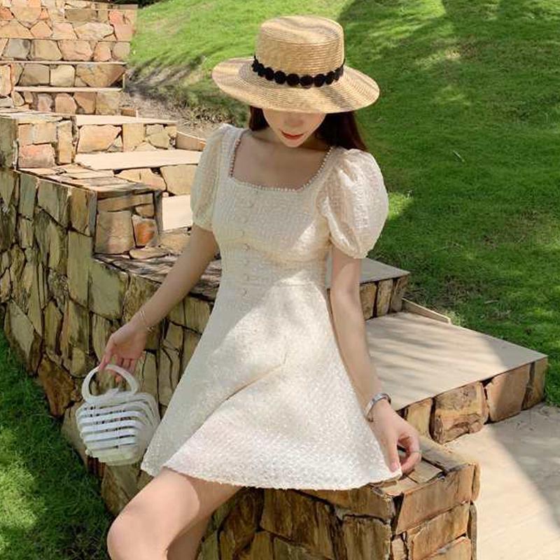 Elegant Flower Pearl Short Dress Women Sexy Spaghetti Strap Summer Sundress Female Short Beach Dress