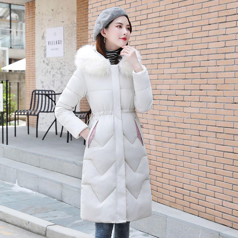 Women's Mid-length Cotton-padded Jacket Over-knee Fluffy Big Fur Collar Hooded Down Jacket Waist Was Thinner and Thick Winter Padded Jacket