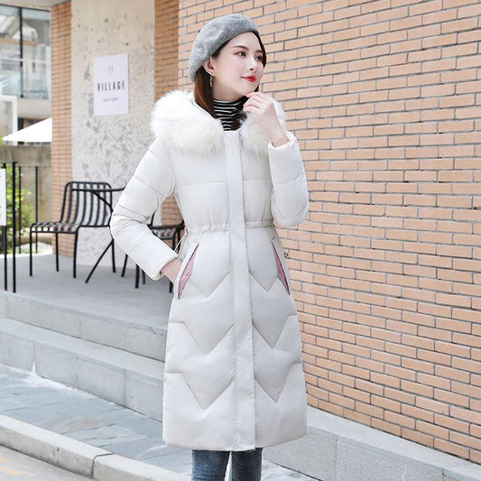 Women's Mid-length Cotton-padded Jacket Over-knee Fluffy Big Fur Collar Hooded Down Jacket Waist Was Thinner and Thick Winter Padded Jacket