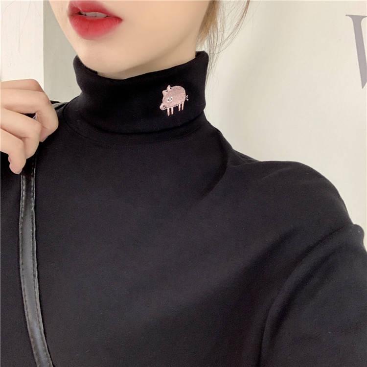 Pofulove Winter Long-sleeved T-shirt Women Plus Velvet Turtleneck Bottoming Shirt Slim Wild Clothes