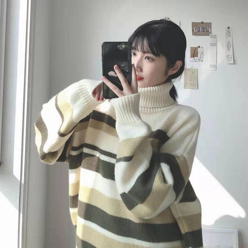 Autumn and Winter Fashion Jacket Striped High Neck Korean Sweater Loose and Versatile Mid-length Young Women's Top