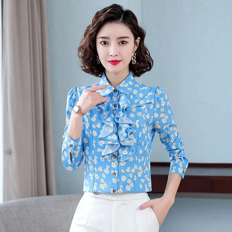 Women's Spring and Autumn Chiffon Shirt Loose Sweet Long Sleeve Printed Top