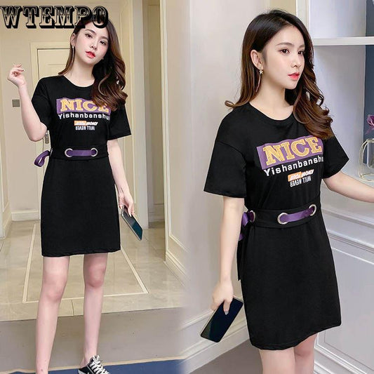 Casual Loose Short Sleeve Printed Bouquet Belt T-Shirt Dress Summer
