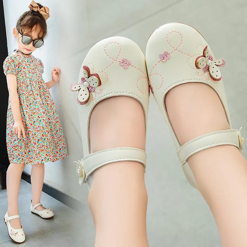 Girl's Soft Soled Beads and Butterflies Decoration Breathable Single Shoes Girls' Non Slip Solid Color Princess Shoes