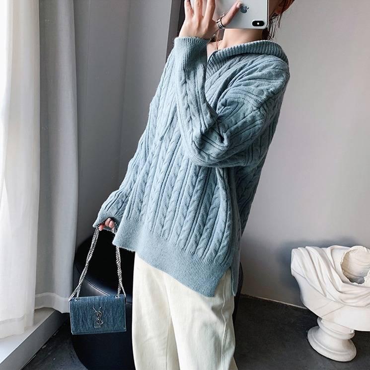 Pofulove Autumn Winter Solid Color Loose Korean Twist Hooded V-neck Sweater Women's Base Shirt