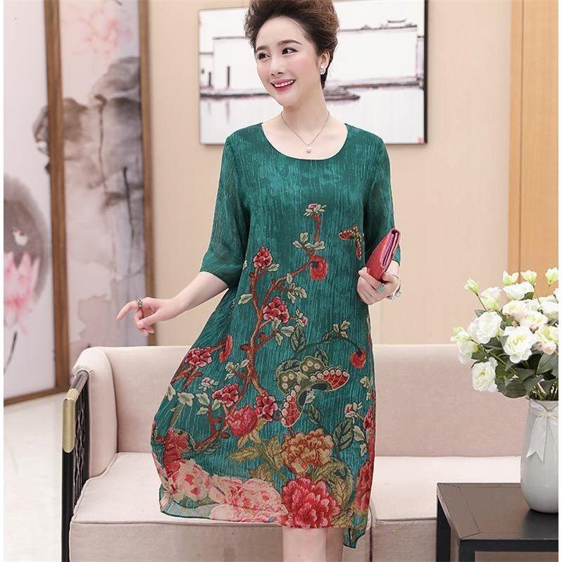 Middle-aged mother L-XXXXL Women's summer dressChiffon Veil Short sleeve Round neck printing Daily wear