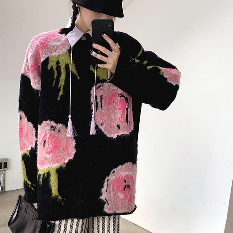 Women's Sweater Loose Outer Wear Autumn  Winter Casual Retro Jacquard Mid-length Pullover Knit Top