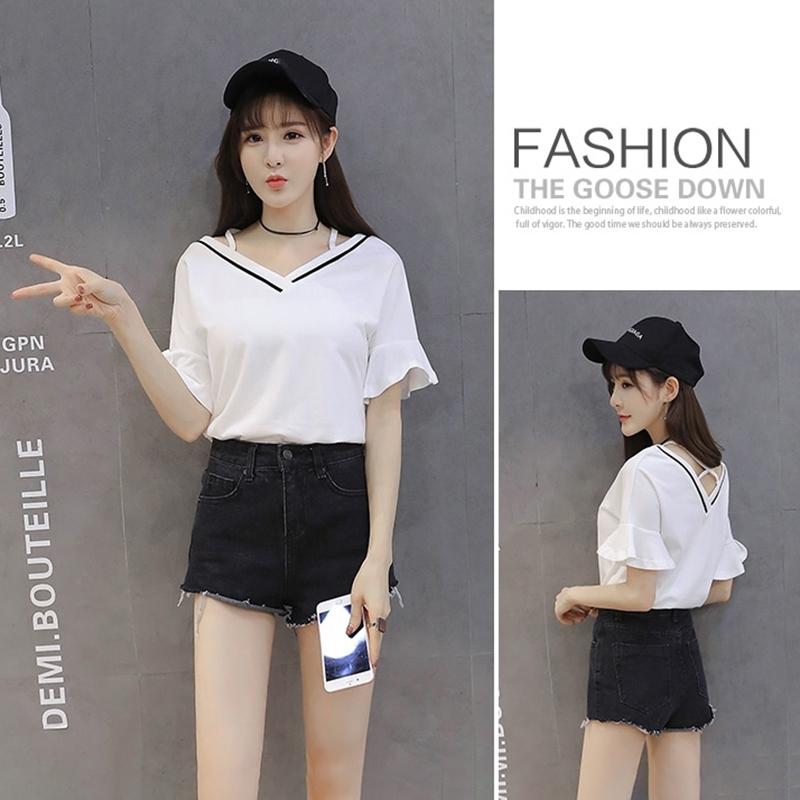 V-neck T-shirt Women Loose Shoulder Short-sleeved Off-shoulder Open Back Flared Sleeve Top Clothes Bottoming Shirt Compassionate Sweet Style