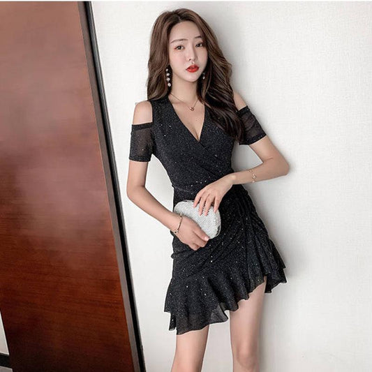 Women V-neck Off-the-shoulder Mermaid Dress Summer Drawstring Short Slim Sexy Club Dress