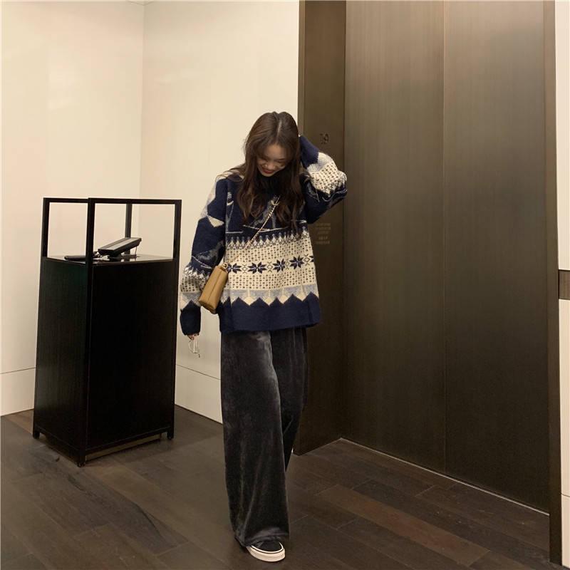 Pofulove Autumn Winter Sweater Loose Women's Fashion Wear Wild Diamond-shaped Pullover Retro Top
