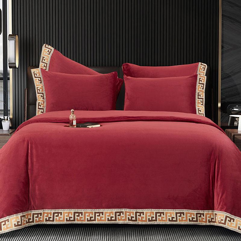 4pcs/set High-end Coral Velvet Bed Sheet Winter Thick Warmth Quilt Cover Solid Color Soft Pillowcase