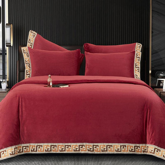 4pcs/set High-end Coral Velvet Bed Sheet Winter Thick Warmth Quilt Cover Solid Color Soft Pillowcase