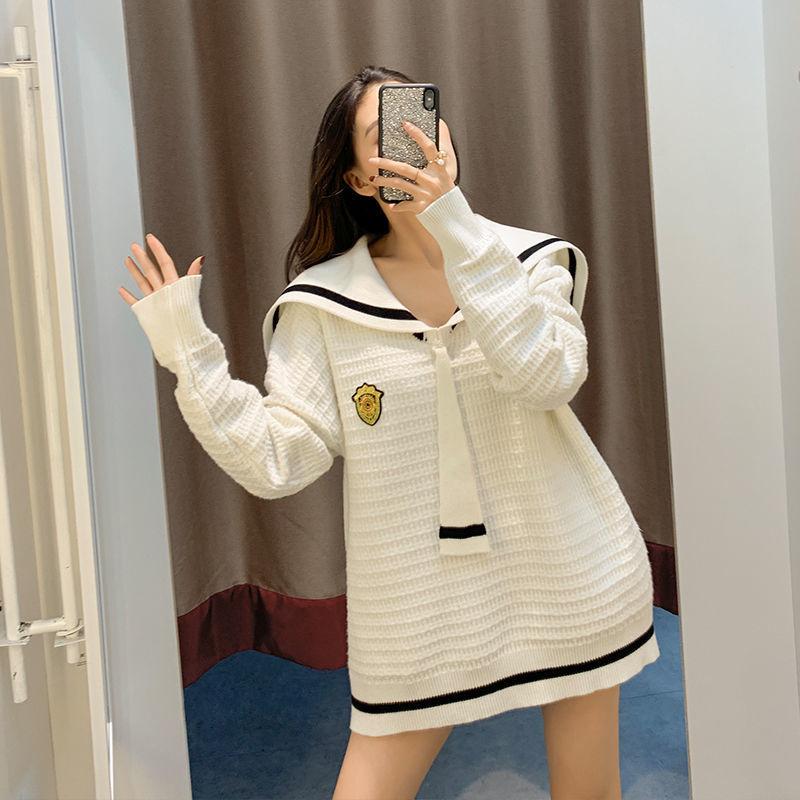 Autumn  Winter Navy Collar College Style Loose Pullover Sweater Women's Mid-length Outer Knit Jacket Jacket