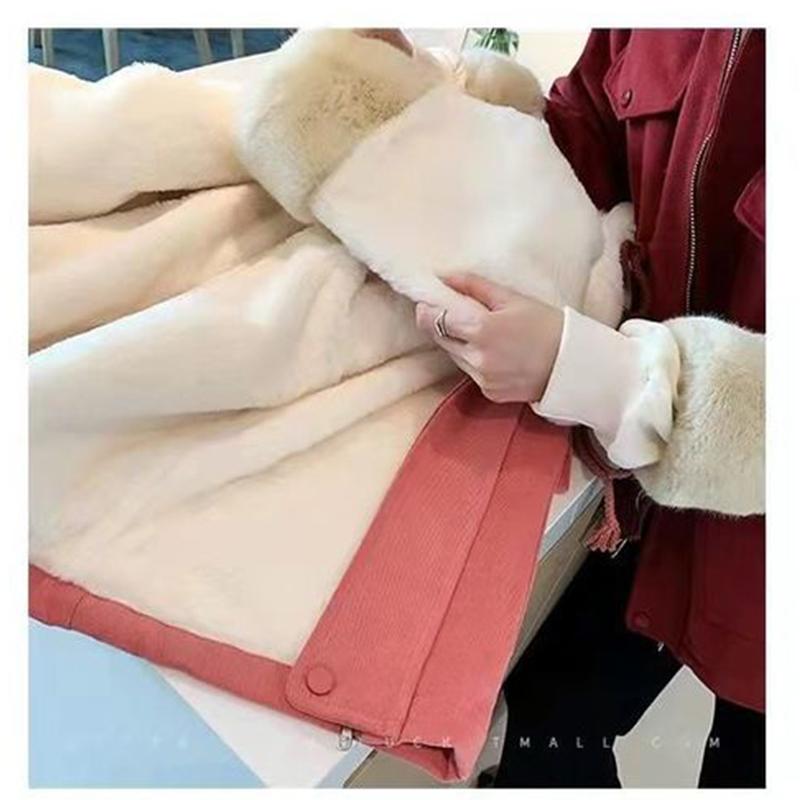 Women's Winter Plus Velvet Thickened Mid-length Cotton Coat Loose Drawstring Korean Style Cotton Coat Jacket Tooling Pie To Overcome Jacket Casual Top