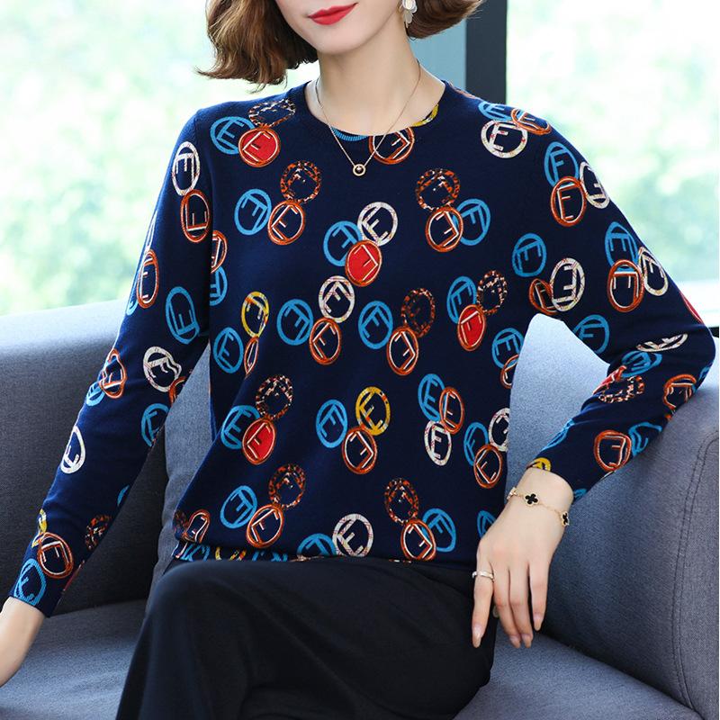 Autumn and Winter Printing Bottoming Shirt Women's Plus Size Casual Sweater Fashion Round Neck Printed Sweater