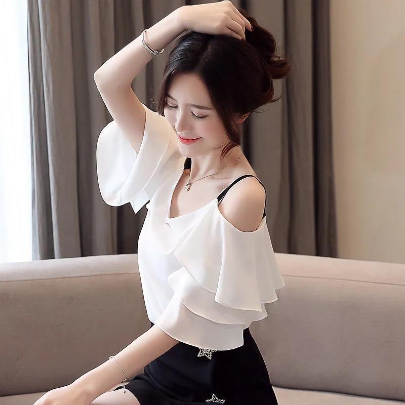 Sweet Temperament Short-sleeved Ruffled Women's Collar Off-shoulder Top Ladies Temperament Chiffon Shirt Bottoming Shirt