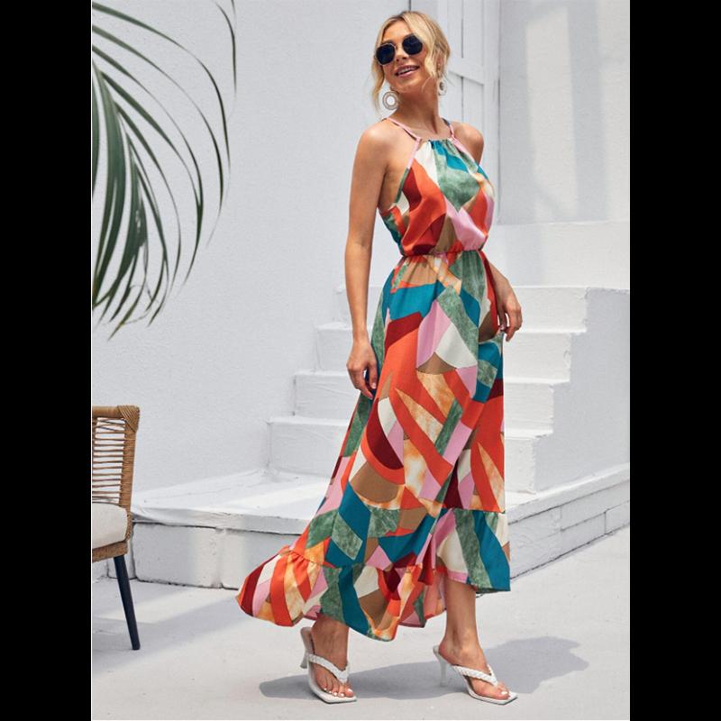 Patchwork Print Ruffle Hem Halter Dress Holiday Style Long Sleeveless Dress