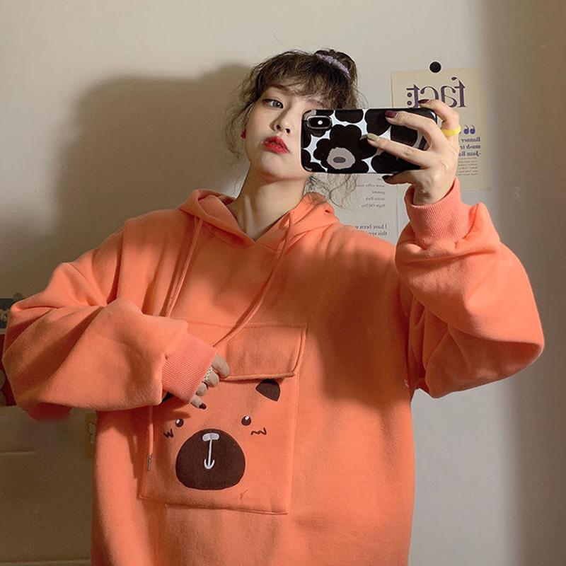 Autumn and Winter Thickened Student Jacket Women's Loose Hooded Big Pocket Blouse Mid-length Sweater