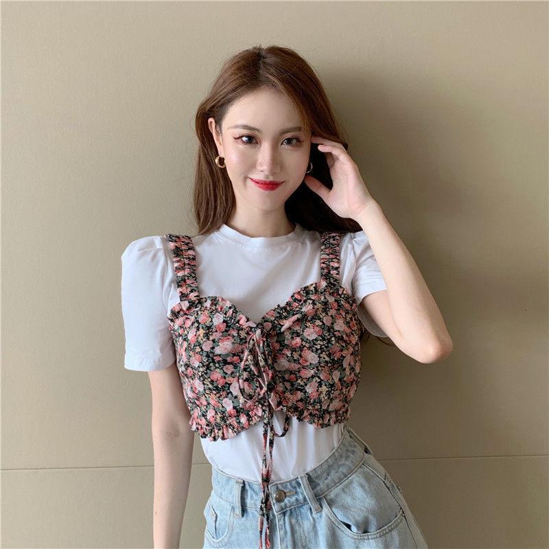 Summer Korean Version  The White Simple Short-sleeved T-shirt Plus Sweet Floral Sling Two-piece Jacket Women