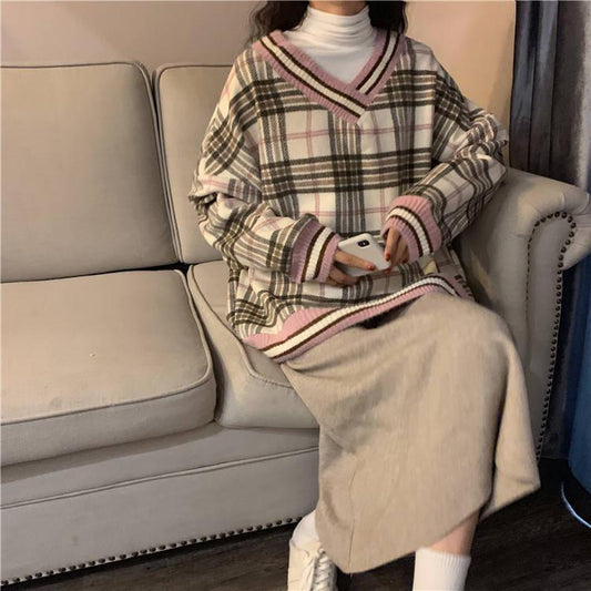 Checked Sweater Coat College for Women with Loose and Lazy Style V-necklace Knitted Autumn