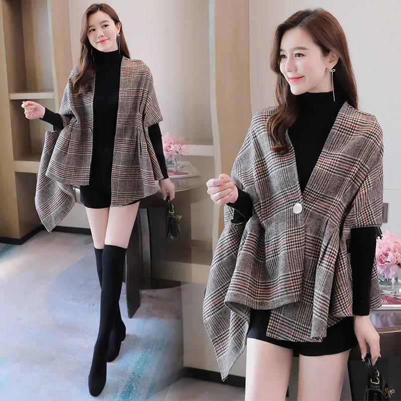 Plaid Shawl Cloak Spring and Autumn Women's Double-sided Woolen Coat British Style Retro Temperament Asymmetric
