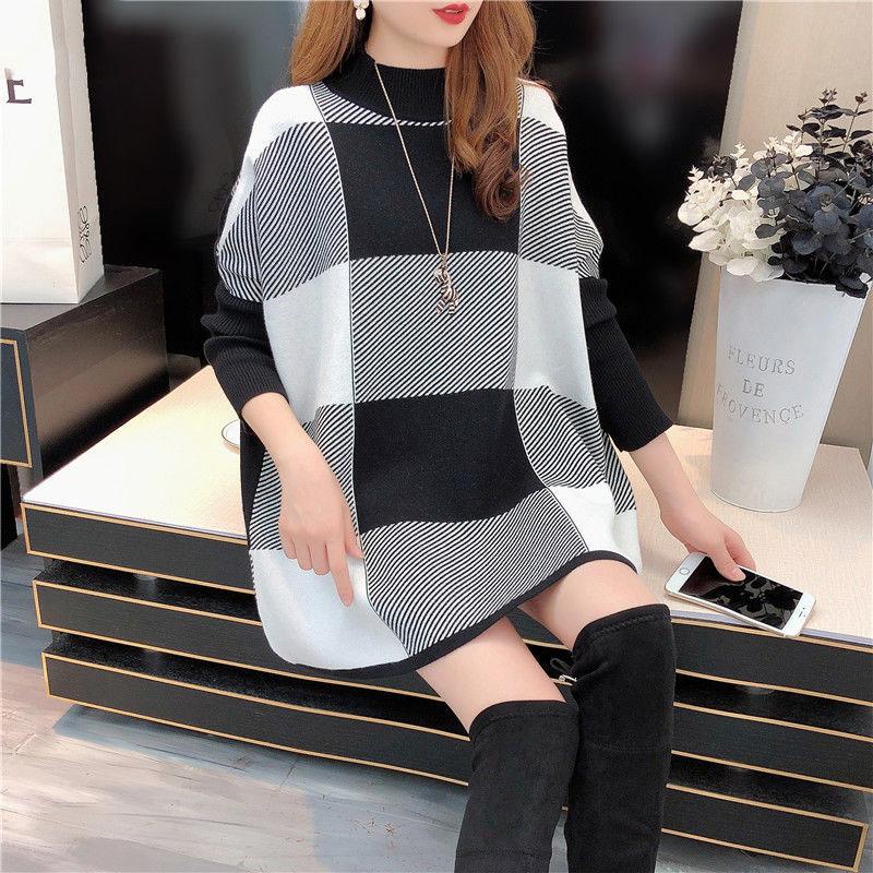 Autumn and Winter Mid-length Knitted Sweater High Neck Loose Plus Size Top Fashion Pullover Women's Dress