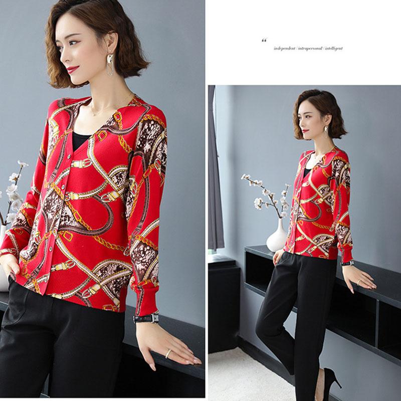Women Printed  Cardigan Sweater Autumn Winter Long Sleeve V-Neck Casual Knitted Cardigan Elegant Female Tops Knit Jacket Coat