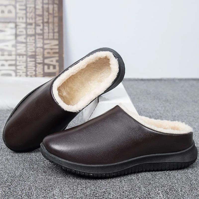 Women Unisex Winter Home Slippers Leather Waterproof Non Slip Slippers Plush Warm Indoor