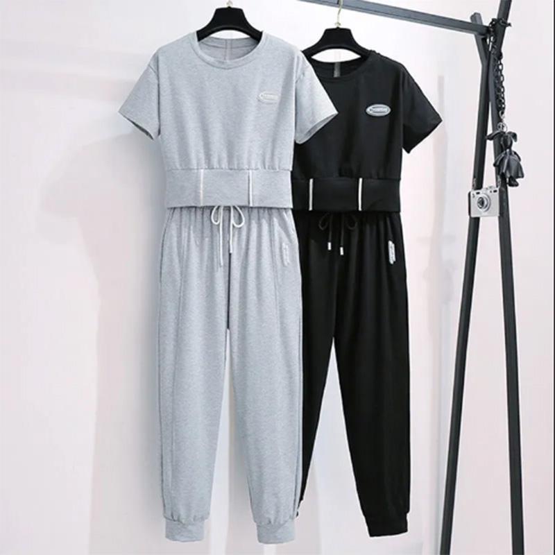 Sports Suit Women's Summer Casual Solid Color Short-sleeved Short Loose T-shirt Waist Nine-point Pants Two-piece Set