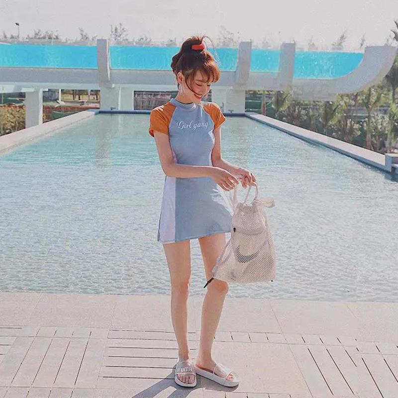 Swimsuit Women Cover Belly Slimming Split Swimsuit Round Neck Short-sleeved Shirt Swimsuit Sweet and Cute Ladies Swimsuit