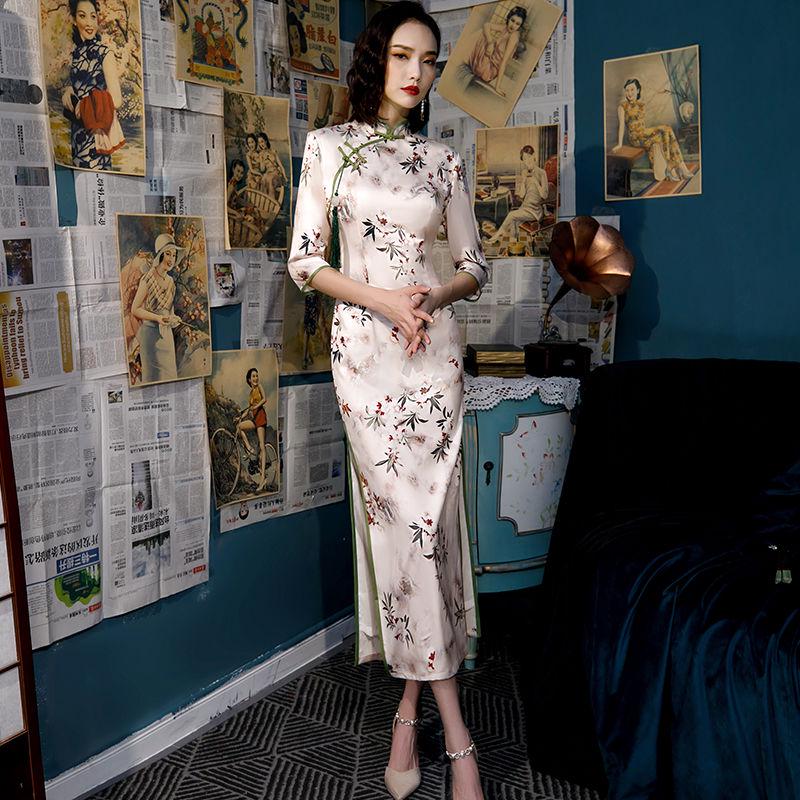 Split dress spring and autumn cheongsam female retro chinese style long cheongsam slim sleeves