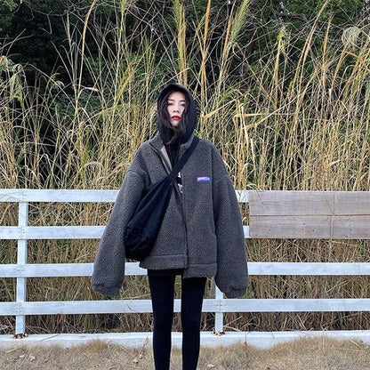 Winter Retro Japanese Loose Composite Plus Velvet Thick Gray Lamb Velvet Padded Jacket Cotton Woolen Coat