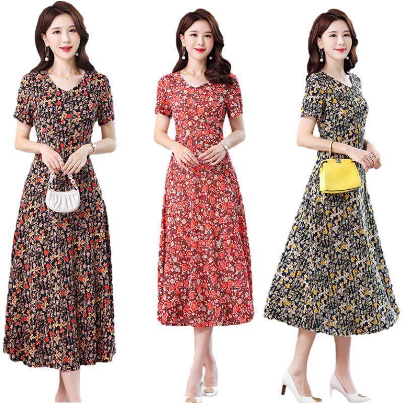 Women Elegant Floral Flower Pattern Dress Summer Casual V-neck Short Sleeve Ruffle Dress Boho Long Dresses Vestidos Femme
