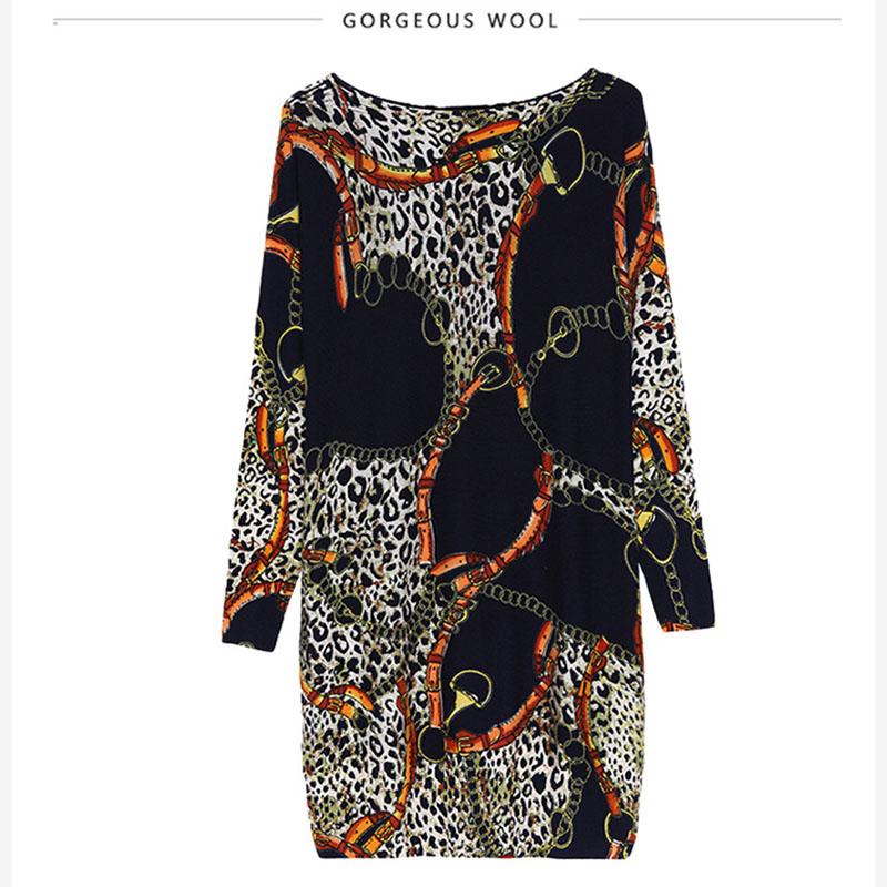 Leopard Knitted Dress Women Autumn Winter Boat Neck Long Sleeve Sweater Dress Slim Pullover Dress