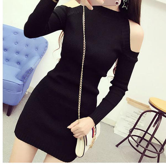 Hollow Half Strapless Dress Female Spring and Autumn Mid-length Knitted Sweater Long-sleeved Bottoming Skirt