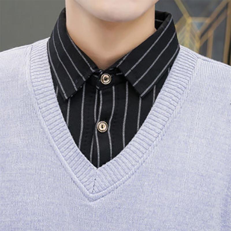 Plus Velvet Autumn and Winter Men's Sweater Fake Two-piece Sweatshirts Trend Slim Knit Sweater Solid Color Wool