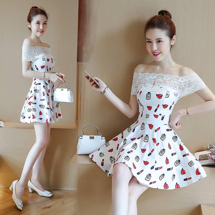 Summer Printed Dress Sexy Lace Slash Neck Off-shoulder Party Club Dress Strapless Dress