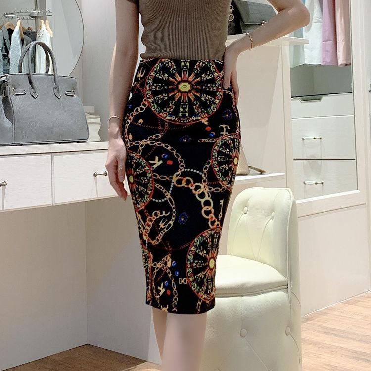 European Women Autumn Print Pencil Skirt High Stretch  Midi Slipt Hip Skirt Female