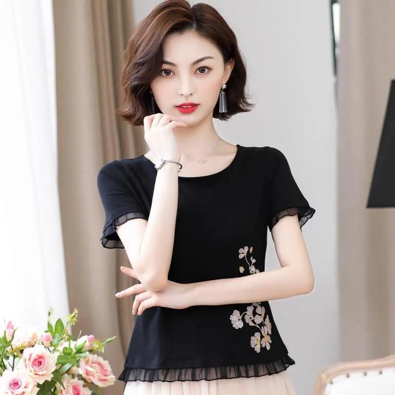 Women's Short Sleeve T-Shirt Ruffle Summer Round Neck Slim Print Top
