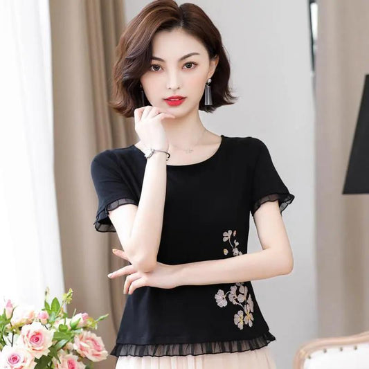 Women's Short Sleeve T-Shirt Ruffle Summer Round Neck Slim Print Top