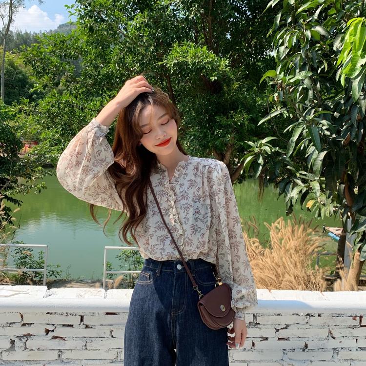 Korean Ladies Ladies Chiffon Floral Long Sleeve Shirts Women Long Sleeve Shirts